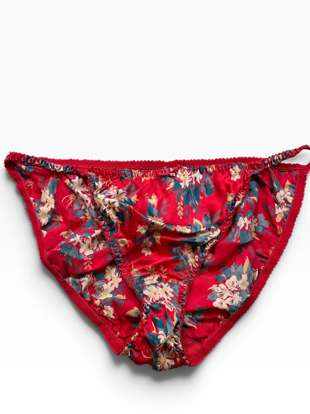 Vintage Ladies Red Floral 100% Silk String Bikini Panties Size Large